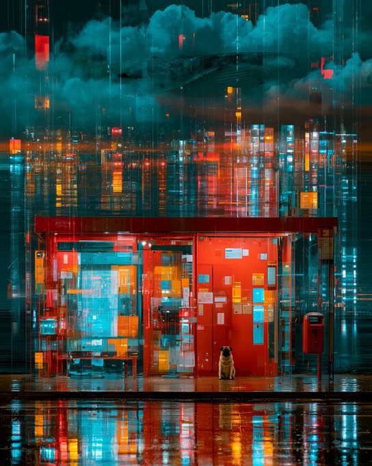 A small pug sits in the doorway of a neon-lit red shop at night, with a city skyline reflected on the wet street.