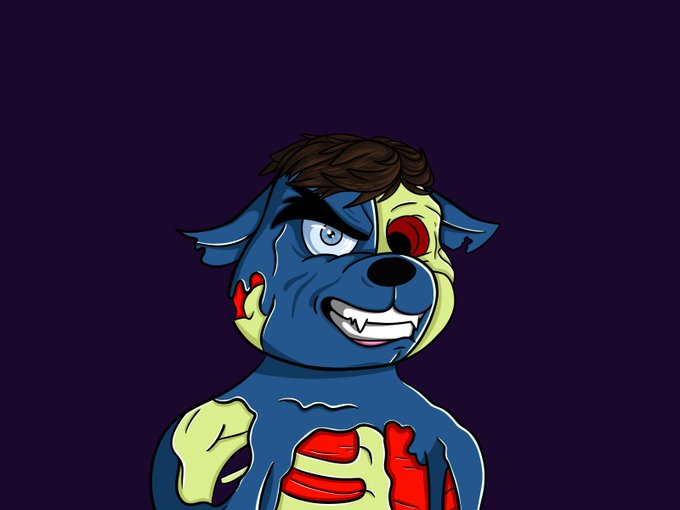 A blue-skinned, cartoonish bear mutant with exposed red flesh, glowing red eyes, and a wide grin is featured against a dark purple background, representing the "MutantBullBears #2486" NFT for sale on Planet BullBears.