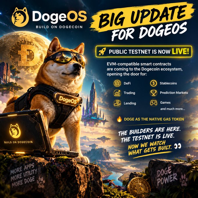 A promotional graphic for 'DogeOS' announces a 'BIG UPDATE FOR DOGEOS' with the 'PUBLIC TESTNET IS NOW LIVE!', featuring a Shiba Inu dog wearing sunglasses and a 'DogeOS' harness, set against a cosmic landscape with a Dogecoin symbol on a planet.