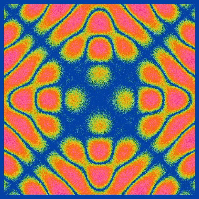 A vibrant, symmetrical abstract pattern in pink, orange, yellow, and blue with a kaleidoscopic floral design.