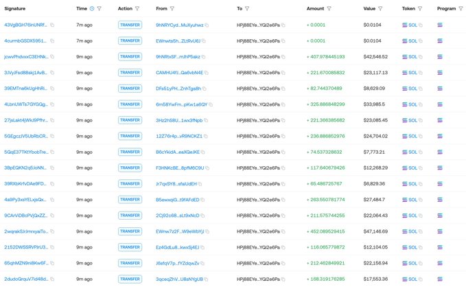 A digital interface displays a transaction history list with columns for Signature, Time, Action, From, To, Amount, Value, and Token, showing multiple 'TRANSFER' actions involving 'SOL'.