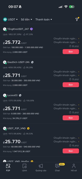 A screenshot from the Binance P2P mobile app in Vietnamese, showing various USDT sellers with exchange rates around 25,770-25,772 USDT and limits in Vietnamese Dong (VND).