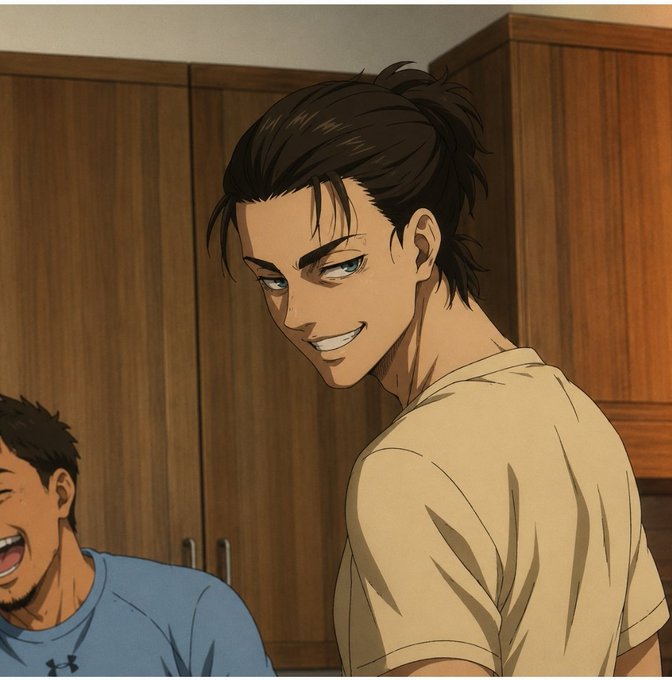 An anime-style illustration depicts a young man with a ponytail smiling confidently, while another man in a blue Under Armour shirt laughs in the background.