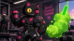 A digital illustration of a black, monstrous humanoid figure with one large yellow eye, pink accents, and a ponytail, holding a glowing green lightsaber-like weapon in a gym setting with a 'ROCK STRONGER FURDER' sign in the background.