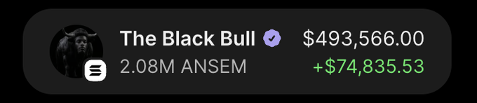 A profile card for "The Black Bull" displays a portfolio value of $493,566.00 with a gain of $74,835.53, holding 2.08M $ANSEM tokens. This image illustrates the post's theme of holding conviction in $ANSEM through volatility, showcasing a profitable position that the poster credits to trusting the process and anticipating a new all-time high.