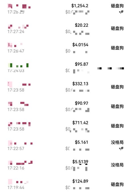 A list of cryptocurrency transactions or trades with timestamps, USD amounts ranging from $4.0154 to $1,254.2, and Chinese status indicators like '砸盘狗' and '没格局' on the right side.