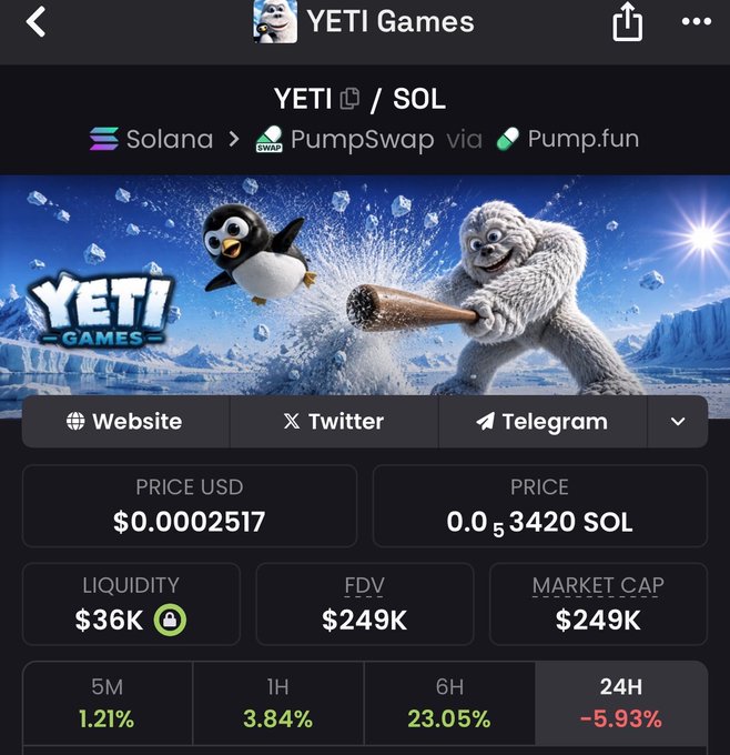 A token information page for 'YETI Games' (YETI/SOL) on Solana via PumpSwap, showing a price of $0.0002517, liquidity of $36K, FDV and market cap of $249K, with 24-hour performance of -5.93%, and an image featuring a penguin and a yeti with a baseball bat.