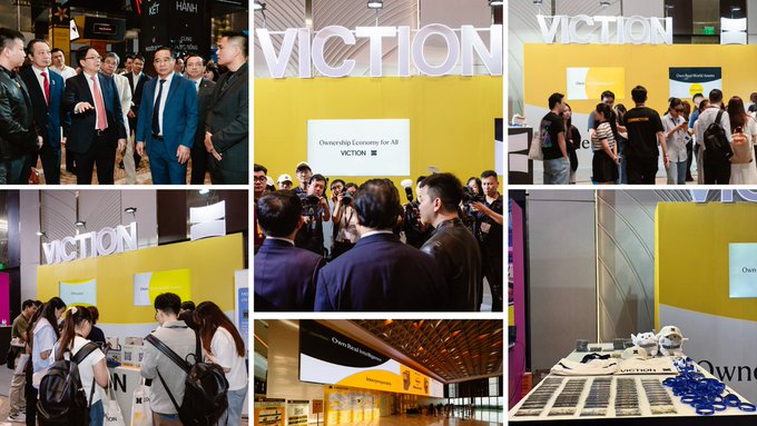 A collage of images showing a busy exhibition booth for 'VICTION' featuring yellow and white branding, with crowds of people exploring displays including smart retail solutions and various tech products.