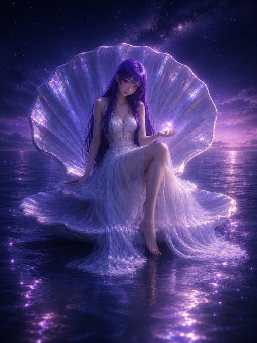 An anime-style digital illustration shows a purple-haired woman in a white dress sitting on an iridescent shell over purple ocean water holding a glowing orb.