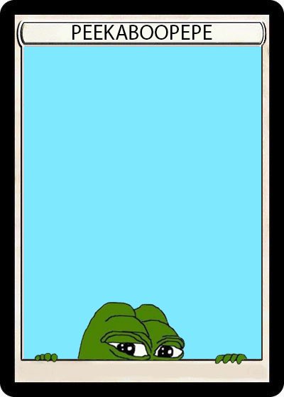 A parody trading card titled "PEEKABOOPEPE" showing the Pepe the Frog character peeking up from the bottom against a blue background.