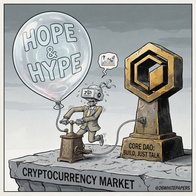A cartoon illustration by @26whitpapers depicting a stressed robot pumping air into a 'HOPE & HYPE' balloon to inflate a 'CORE DAO' monument, representing the volatile cryptocurrency market.