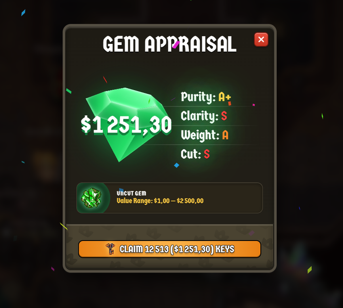 A 'GEM APPRAISAL' screen showing an uncut gem with stats Purity A+, Clarity S, Weight A, Cut S, valued at $1,251.30, with a button to 'CLAIM 12513 ($1251.30) KEYS'.