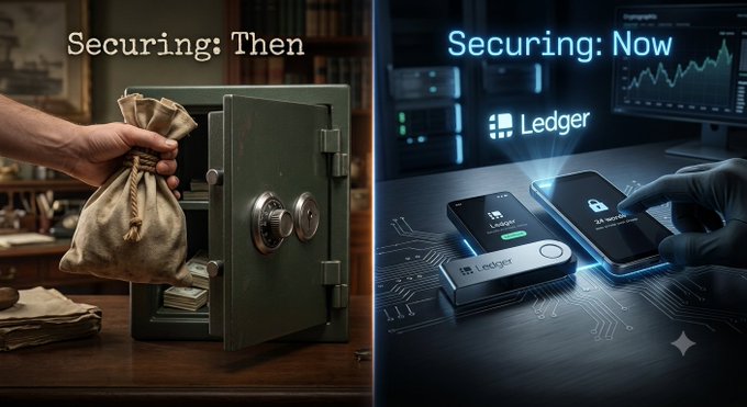 A split comparison image titled 'Securing: Then vs Securing: Now', contrasting a vintage safe with a money bag on the left to a modern Ledger hardware wallet and smartphone interface on the right.