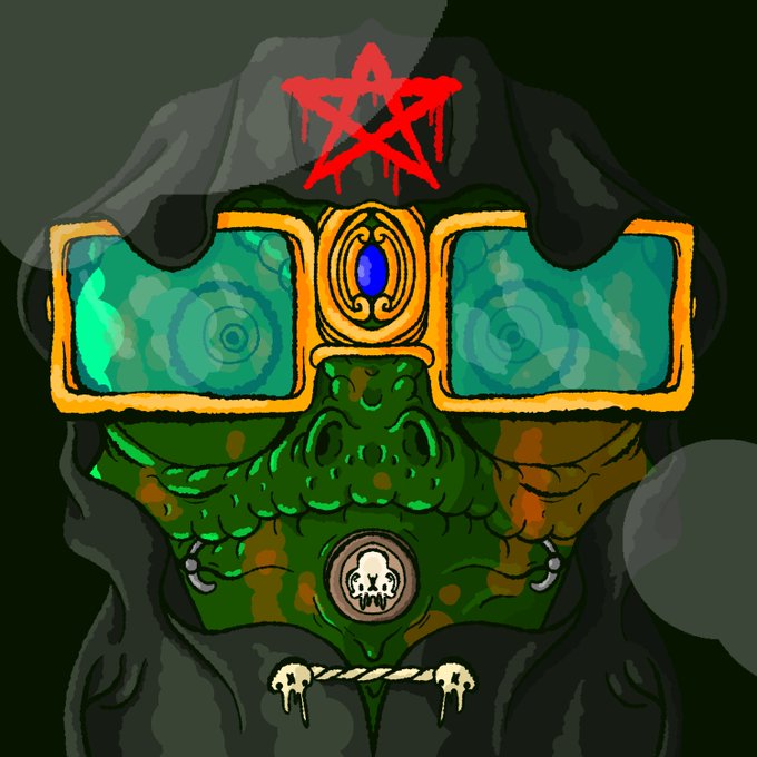 A digital illustration depicts a green reptilian creature wearing oversized glasses, a black hood, and a skull medallion beneath a red pentagram.