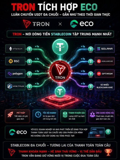 The image is a Vietnamese infographic announcing the integration of Eco with the TRON blockchain, highlighting that TRON serves as the strongest stablecoin hub with ≈1 second USDT transfer speeds across multiple chains including Ethereum, BSC, Polygon, Arbitrum, Solana, Avalanche, Optimism, and others, emphasizing low fees, fast processing, and a leading position in the global stablecoin ecosystem.