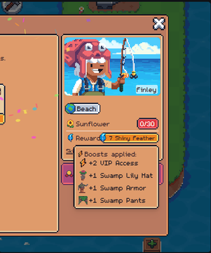 A pixel art character named 'Finley' is displayed in a video game interface, shown fishing at the Beach with a Sunflower outfit requiring 7 Silky Feathers, which provides boosts including +2 VIP Access and grants +1 Swamp Lily Hat, Armor, and Pants.