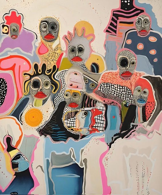 A vibrant abstract painting featuring multiple stylized figures with large expressive eyes, dotted patterns, and colorful organic shapes that appear to merge and overlap, titled "We, the Unfinished" (edition 2/3, 4 ꜩ). The interconnected, fragmented human forms visually echo the artwork's title, suggesting a collective of beings in various states of becoming or incompleteness.