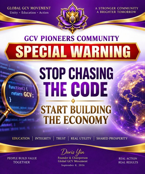 A purple-toned promotional graphic from the Global GCV Movement, dated September 2026 and signed by Founder & Chairperson Doris Yin, features the header "GCV PIONEERS COMMUNITY — SPECIAL WARNING" with the central message "STOP CHASING THE CODE — START BUILDING THE ECONOMY," accompanied by visual elements of a magnifying glass over code, a glowing digital globe, and a lotus emblem. The image reinforces the accompanying post's cautionary message urging community members to shift focus from speculating on cryptic "Code" interpretations toward building tangible economic value within the movement.