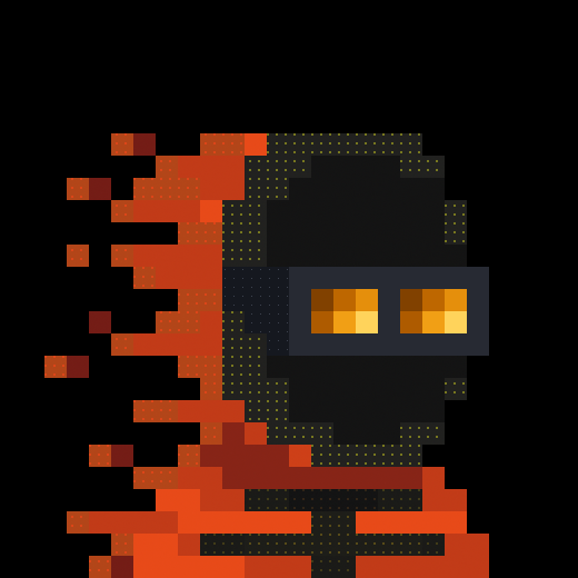 Pixel art illustration of a blocky character with glowing yellow eyes, wearing dark armor and dissolving or covered in orange/red flames or pixels.