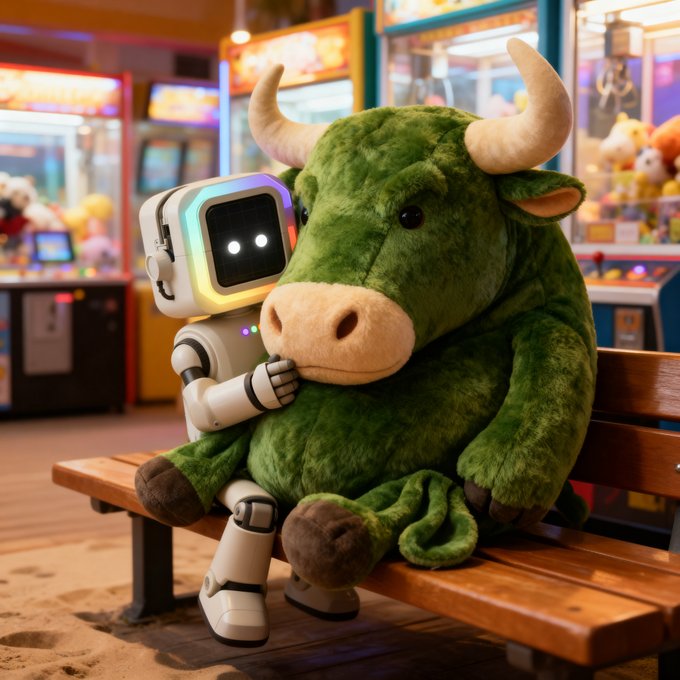 A small white robot with glowing rainbow accents sits on a wooden bench inside an arcade, cuddling a large green plush bull with tan horns. The whimsical scene humorously visualizes the feeling of being "emotionally attached to this position," as the robot appears reluctant to let go of the bullish (bull) plush—suggesting a strong, sentimental commitment to a long-held stance despite the lively, distracting environment around it.