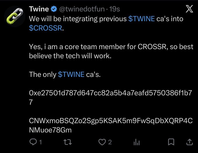A screenshot of a tweet from the verified account Twine (@twinedotfun) stating they will be integrating previous $TWINE contract addresses into $CROSSR, listing two hexadecimal wallet addresses.