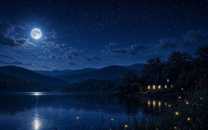 A serene nighttime landscape showing a glowing full moon over a calm lake with mountains in the background, a lit cottage on the shore, and fireflies glowing in the foreground grass.