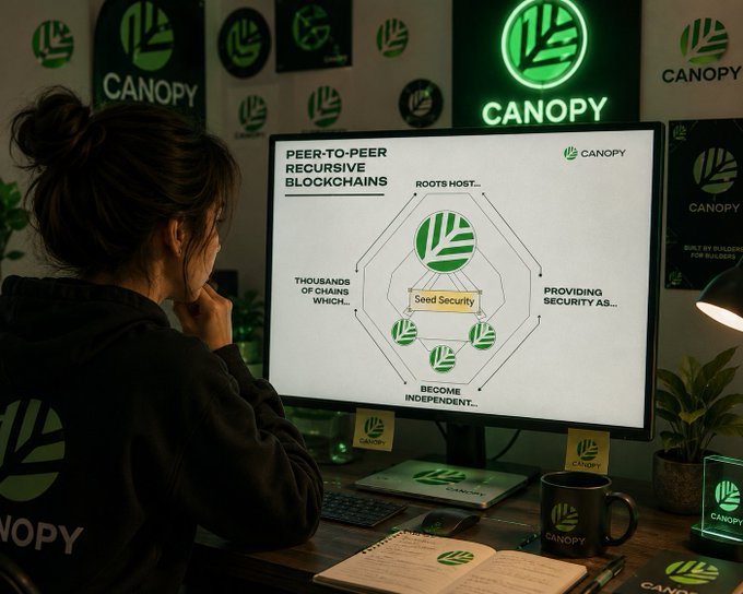 A person sits at a desk looking at a computer screen displaying 'Canopy' blockchain information with 'Peer-to-Peer Recursive Blockchains' diagram, surrounded by green Canopy branding.