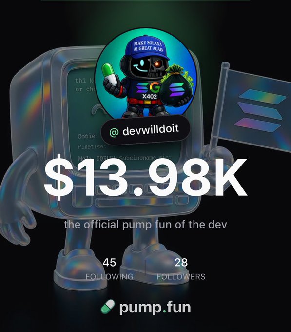 Pump.fun profile page for @devwilldoit showing '$13.98K' in large white text, tagline 'the official pump fun of the dev', with 45 following and 28 followers, featuring an avatar of a robot character wearing a 'MAKE SOLANA AI GREAT AGAIN' hat.