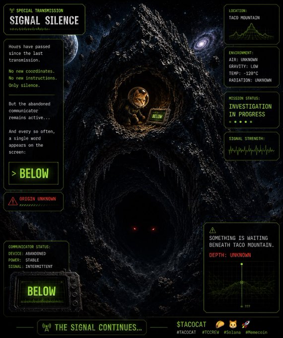 A dark, sci-fi themed graphic titled 'SIGNAL SILENCE' featuring a cat character in a tunnel with a laptop showing 'BELOW', accompanied by various status readouts including 'LOCATION: TACO MOUNTAIN' and 'DEPTH: UNKNOWN'.