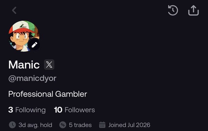 A Twitter profile for "Manic" (@manicdyor), a self-described "Professional Gambler" with 10 followers, 3 following, and a 3-day average hold, joined in July 2026. The profile supports the post's announcement of launching a new FOMO account to turn $1,000 into $100,000 within a month, with the low follower count and fresh join date reinforcing the "starting from scratch" narrative of the journey.