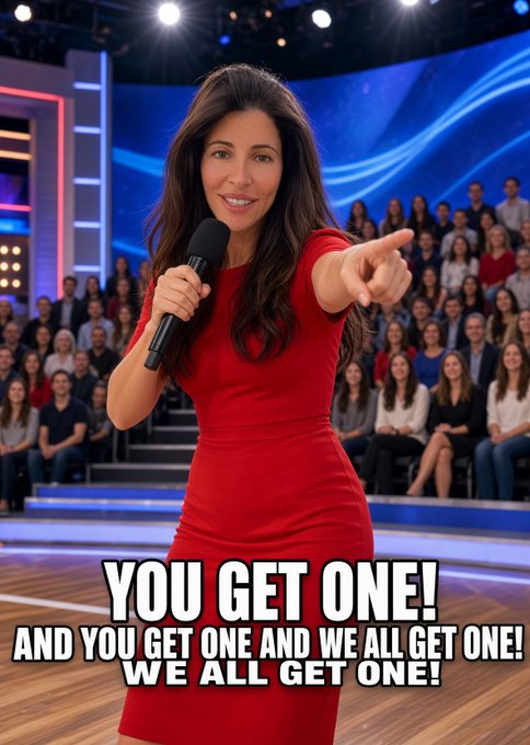 A woman in a red dress holding a microphone on a TV studio stage, pointing directly at the camera, with an audience in the background and meme text reading 'YOU GET ONE! AND YOU GET ONE AND WE ALL GET ONE! WE ALL GET ONE!'