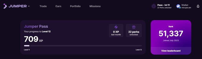 The image shows a Jumper Pass dashboard displaying Level 12 progress with 709 XP, 0 XP from the last month, 22 perks unlocked, and a ranking of 51,337 since joining in July 2023. This illustrates the user's early involvement with Jumper, which led to receiving an indirect airdrop of 51 OMNI tokens.