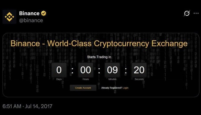 A Binance (@binance) social media post from July 14, 2017, advertising the 'Binance - World-Class Cryptocurrency Exchange' with a countdown timer showing 0 days, 0 hours, 9 minutes, and 20 seconds until trading begins.