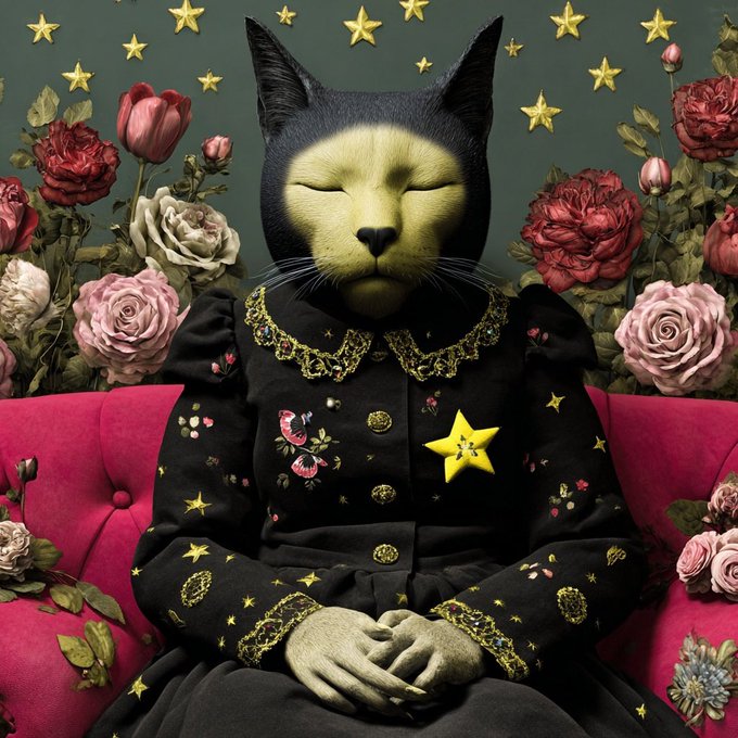 Whimsical portrait of a black cat with a yellow face and closed eyes, dressed in a dark Victorian-style outfit with a yellow star brooch, sitting on a pink tufted sofa against a floral and starry background.