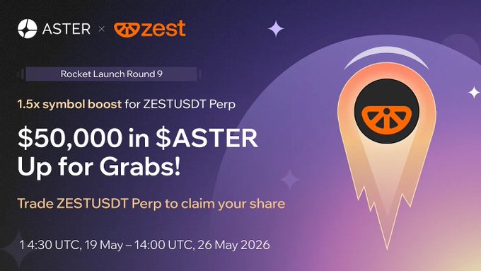 A purple rocket ship logo with a black and orange flame, accompanied by the text "Aster" and "Zest", is displayed against a purple background with a white starburst pattern.