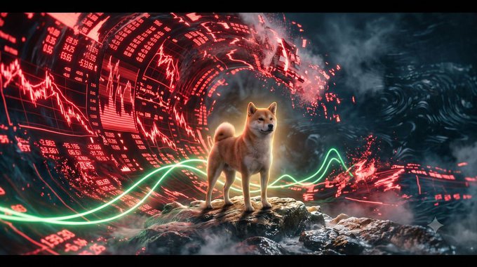 A Shiba Inu dog stands on a rock in the foreground, set against a dramatic digital background featuring red stock market charts and numbers, swirling clouds, and glowing green and red neon lines.