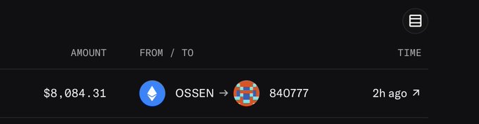 A transaction record showing $8,084.31 transferred from OXSEN to user 840777 two hours ago, illustrating the "big bro" covering gas fees referenced in the accompanying tribute post.