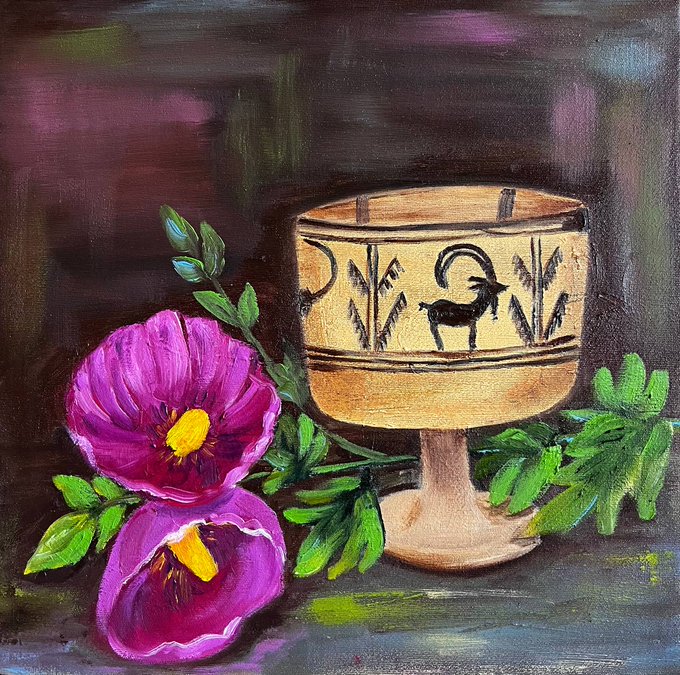 A still life painting features a tan ceramic goblet decorated with a black goat or ram motif and geometric patterns, accompanied by vibrant magenta flowers with yellow centers and green foliage against a dark, painterly background.