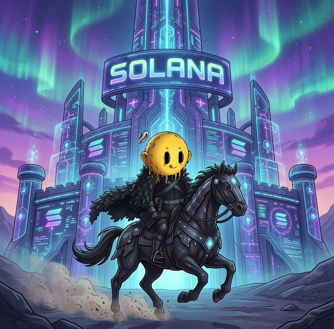 Digital illustration of a Solana cryptocurrency mascot character in black armor riding a dark horse in front of a futuristic glowing Solana castle with aurora borealis in the sky.