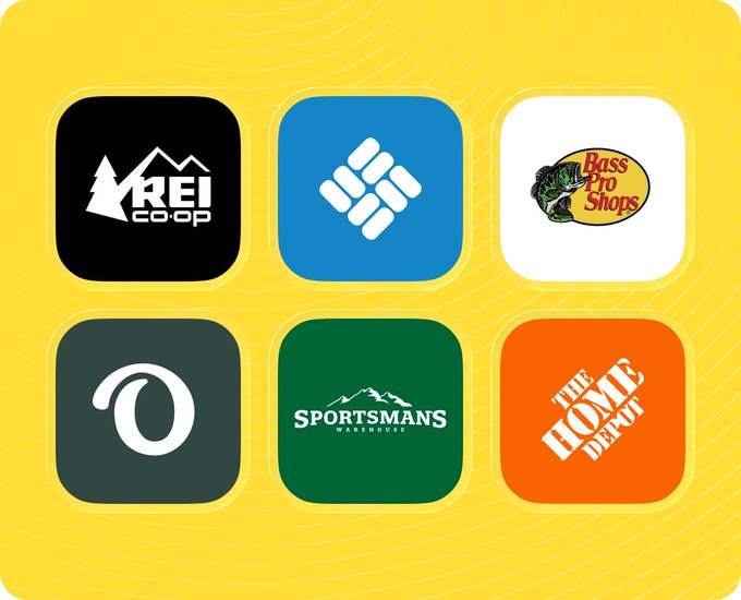 A yellow background displaying six app icons for outdoor and home retailers: REI Co-op, a generic blue icon, Bass Pro Shops, a generic 'O' icon, Sportsman's Warehouse, and The Home Depot.