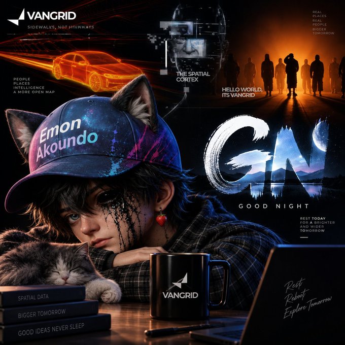 A futuristic cyberpunk-style digital artwork featuring an anime character wearing a galaxy-patterned 'Emon Akoundo' cap, accompanied by a cat, a 'VANGRID' mug, and various tech-themed text including 'THE SPATIAL CORTEX' and 'HELLO WORLD, ITS VANGRID'.