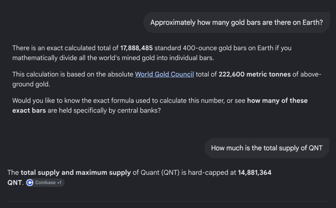 AI chat interface answering about gold bars on Earth (17,888,485) and showing the total/maximum supply of Quant (QNT) hard-capped at 14,881,364 with a Coinbase +1 badge.