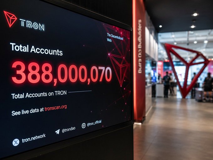 The image features a large screen displaying the total number of transactions for the cryptocurrency, TRON, which is 38,000,000. The screen also includes information about the blockchain technology used by TRON. In addition to this, there are two people in the background who appear to be walking past the screen or observing something on it.
