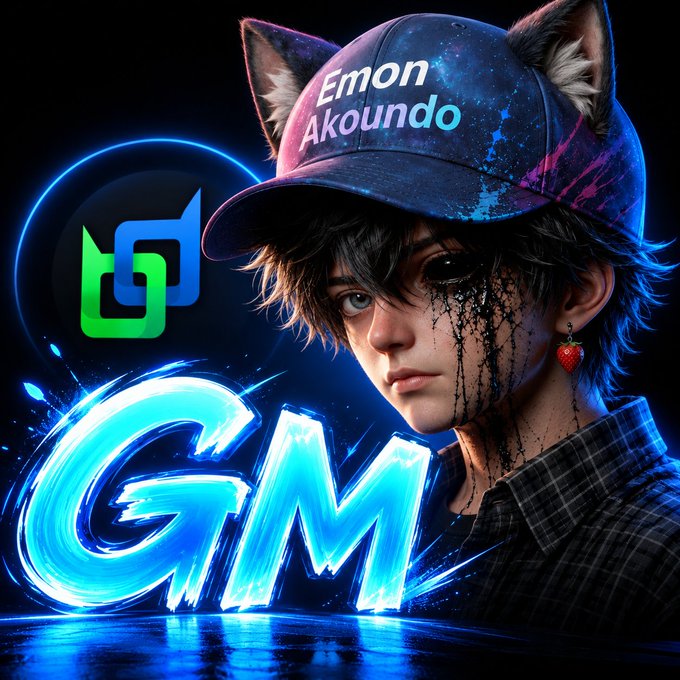 Digital artwork featuring a character with cat ears wearing a cap reading 'Emon Akoundo', with dark dripping eye makeup, alongside stylized 'GM' text and a green/blue logo on a dark blue background.