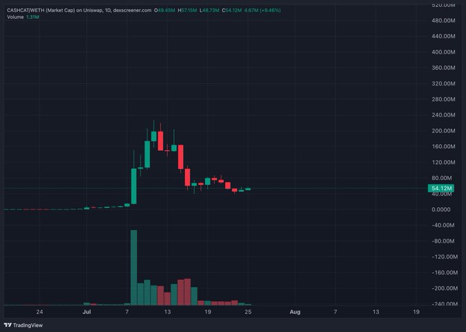 A TradingView daily chart of CASH/CA$T/USDT (CASHCATWETH) on Uniswap showing a sharp rally to ~$172M followed by a steep pullback, with the token now consolidating near $54.12M (down 9.86% on 1.31B volume), visually confirming the post's claim of "loading at the bottom" after the post-peak retrace. The compressed price action at the lows illustrates the "good spots to reload" range the poster references before expecting further upside.