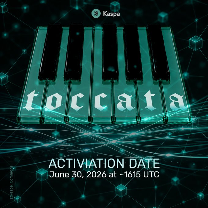 The image features a green piano keyboard with black keys arranged in rows of five. The background of the image is black, which contrasts with the vibrant colors of the piano keys. Below the piano keyboard, there's text that reads "ToCCata Activation Date June 30, 2016 at roughly 16:15 UTC". This information suggests that the image is related to a post on social media or an event where users are encouraged to update their nodes and pools for better performance in the upcoming release of ToCCata.