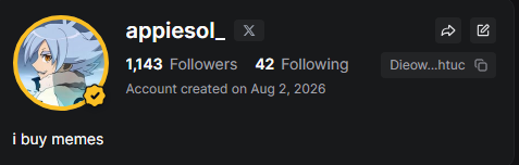 The image shows a Discord profile for "appiesol_" with 1,143 followers and 42 following, created on Aug 2, 2026, featuring an anime-style avatar and the tagline "i buy memes." This profile belongs to the pump.fun account celebrating its milestone of surpassing 1,000 followers, thanking the community for their support.