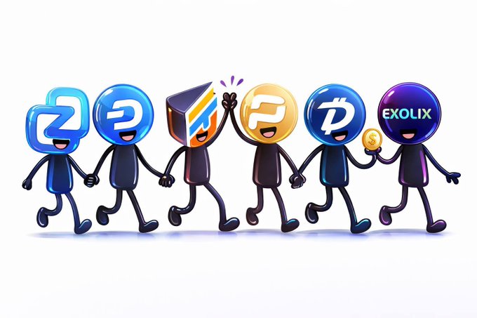 A cartoon illustration of six happy character mascots representing different cryptocurrencies/exchanges including DigiByte, DASH, and EXOLIX, holding hands and one holding a Bitcoin coin.