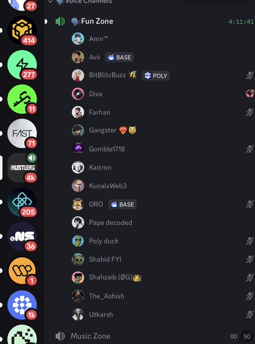 The image shows a Discord server with several users online in the "Fun Zone," implying that the users in the post are waiting in the "Fun Zone" for the airdrop. The names visible are Amir™, Avii, BitBlitzBuzz, Diva, Farhan, Gangster, Gomble1718, Kaitron, KunalxWeb3, ORO, Papa decoded, Poly duck, Shahid FYI, Shahzaib (ØG), The_Ashish, and Utkarsh.