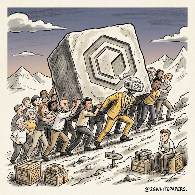 A diverse group of people work together to push a massive rock emblazoned with a Core logo, while a figure in a yellow suit wearing a VR-style headset marked "2.0" leads the effort up a mountain, with boxes labeled "CORE FOUNDATION ONLY" and a "SURVIVAL" signpost left behind, symbolizing collective community effort beyond the foundation alone. The illustration visually reinforces the post's message that Core's success depends on the entire community—builders, creators, and contributors—working together rather than relying solely on @Coredao_Org or the Core Foundation.